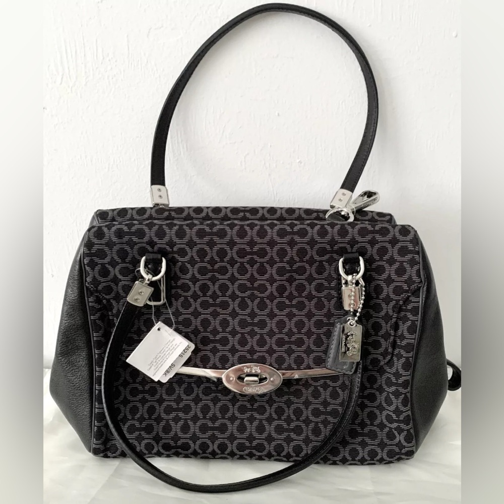 COACH Madison Madeline Bag Black East West Satchel Needlepoint Opt Art NWT